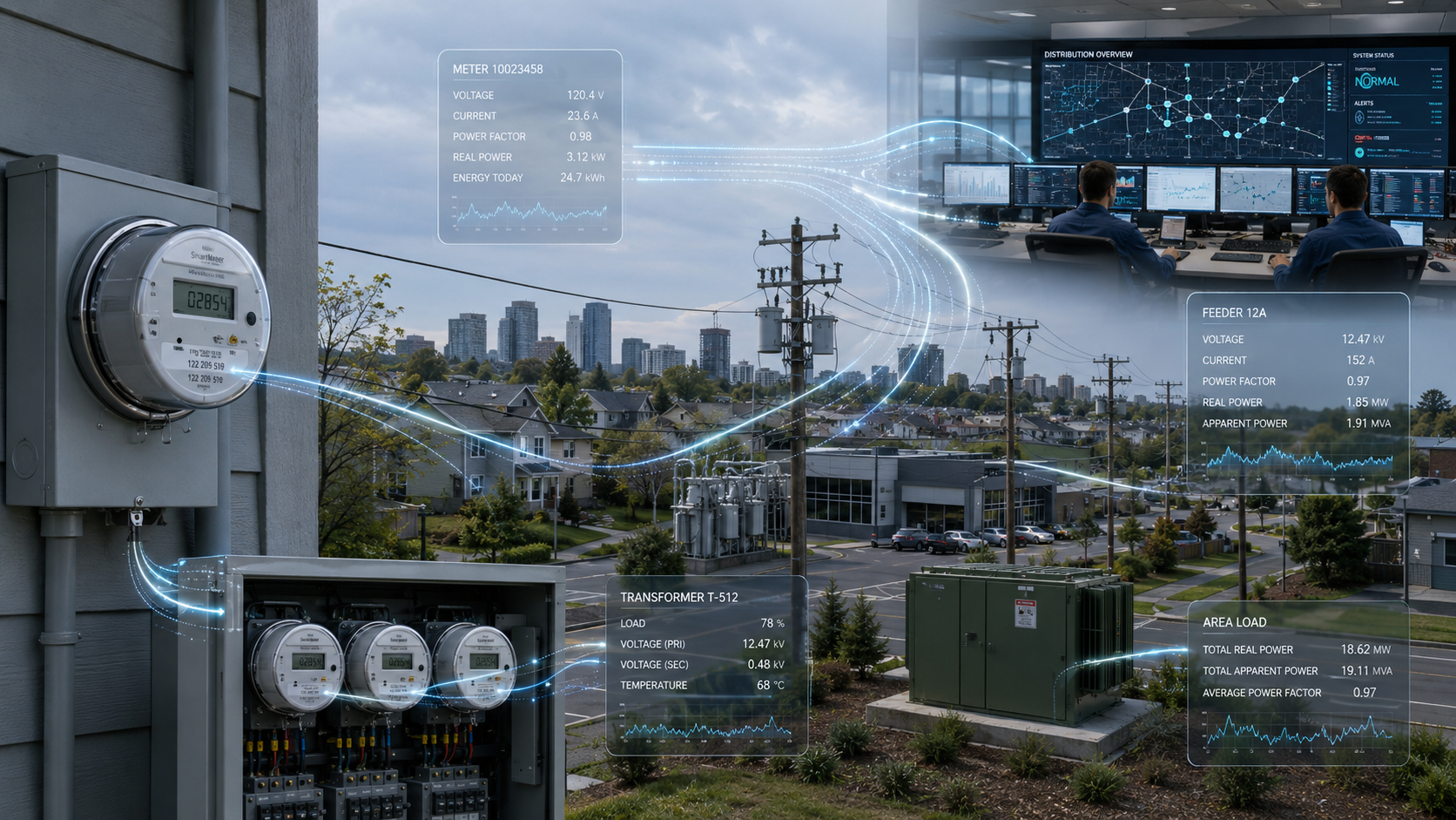 Smart meters transmitting distribution network data to a grid monitoring center